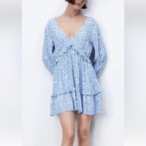 Zara blue/white babydoll dress. Deep V neck, ruffles, back detail. Size M Nice!